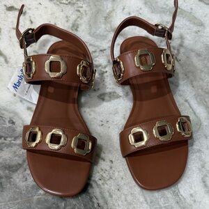 Larroude Women's Leather Buckle-Strap Sandals with Gold Accents